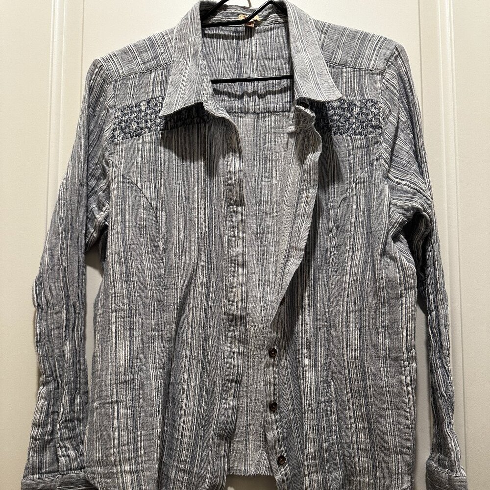Reba L Womens Top, Blue, striped and embroidered, button up, Western blouse